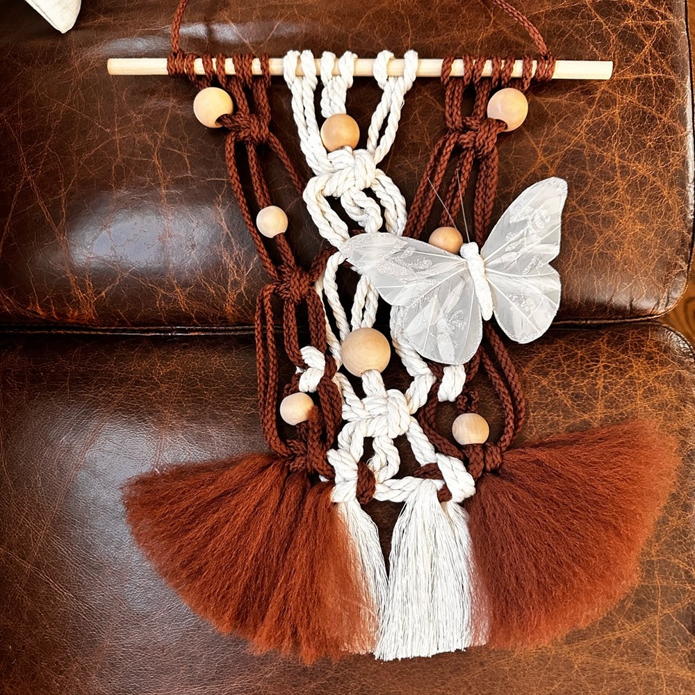 Hand crafted boho style fashion brown with butterfly macrame wall hanging decor